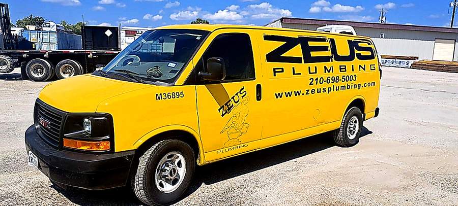 Official yellow Zeus Plumbing service van